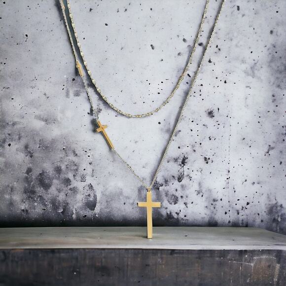 18K yellow gold plated triple cross double layer necklace jewelry B20 - Picture 6 of 6